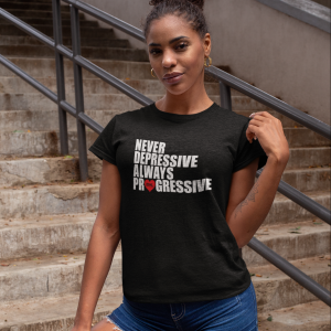 MNL – T-shirt black female, ALWAYS PROGRESSIVE with white/red print