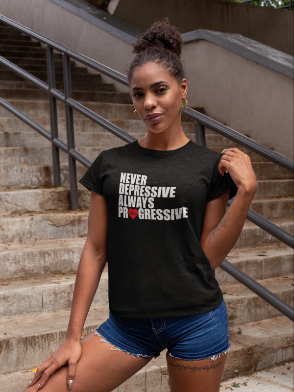 MNL - T-shirt black female, ALWAYS PROGRESSIVE with white/red print