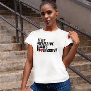 MNL – T-shirt white female, ALWAYS PROGRESSIVE with black/red print