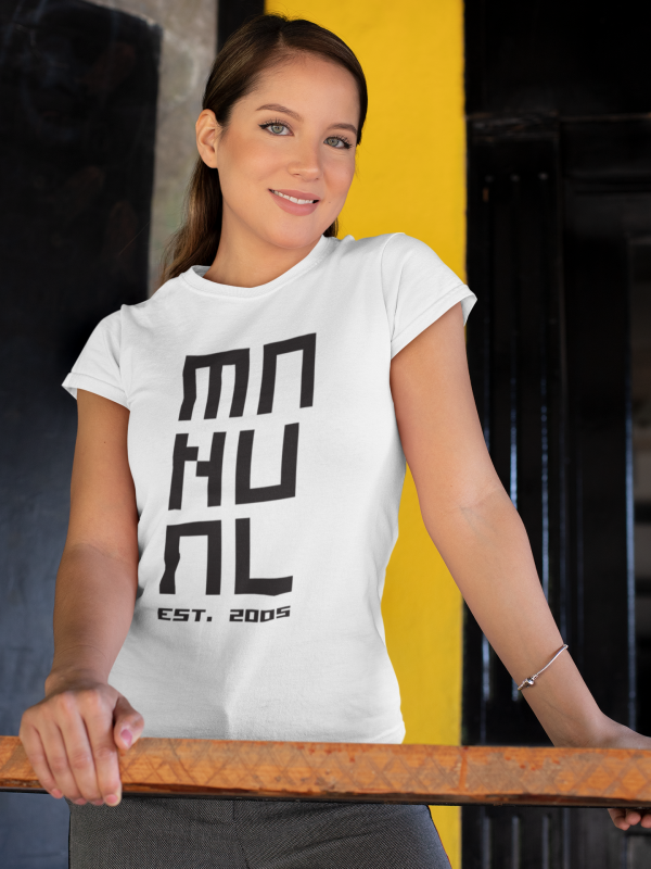 Manual Music - T-shirt white female, logo MANUAL EST. 2005 in black