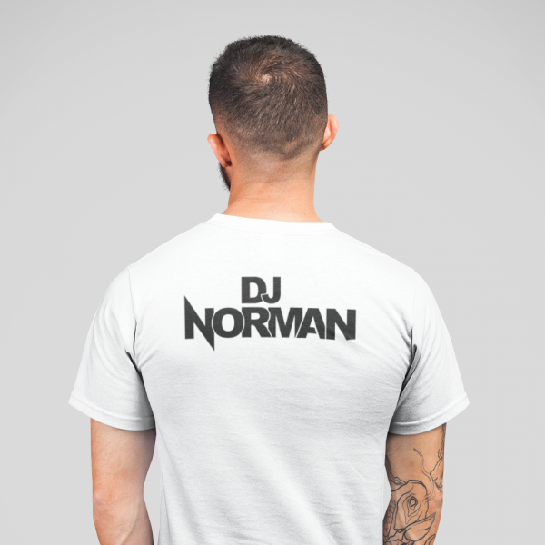 DJ Norman T-shirt, white, headphone logo, black print - Image 2