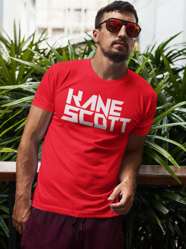 KANE SCOTT text logo WHITE on RED t-shirt