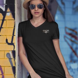 DANA – T-shirt women V-neck with logo, rosegold print