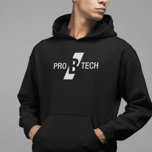 PRO B TECH – Black hoody with large logo on front and small on the sleeve