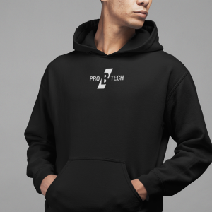 PRO B TECH – Black hoody with small logo on front and vertical on the backside