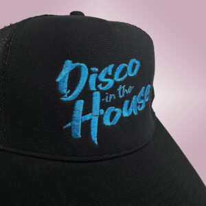 DISCO IN THE HOUSE – Black snapback trucker cap – Logo embroidered in metallic blue